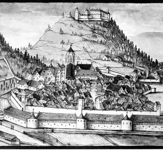 Blick auf die befestigte Stadt Urach, Aquarell um 1616