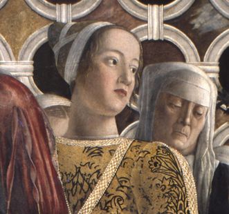 Portrait der Barbara Gonzaga in einem Wandbild von Andrea Mantegna