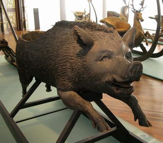 Ceremonial sleigh in the shape of a wild boar, part of the exhibition at Urach Palace
