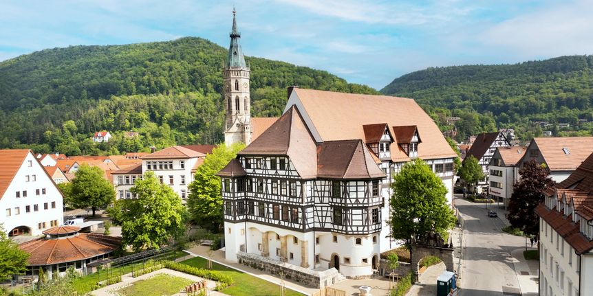 Aerial view of Urach Palace and the surrounding buildings
