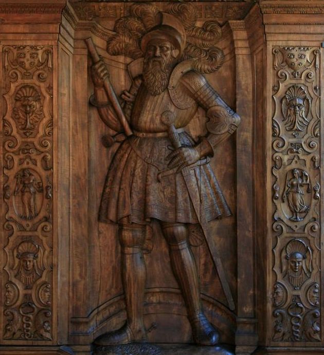 Hölzernes Modell mit dem Bildnis des Grafen Heinrich von Württemberg im Goldenen Saal von Schloss Urach