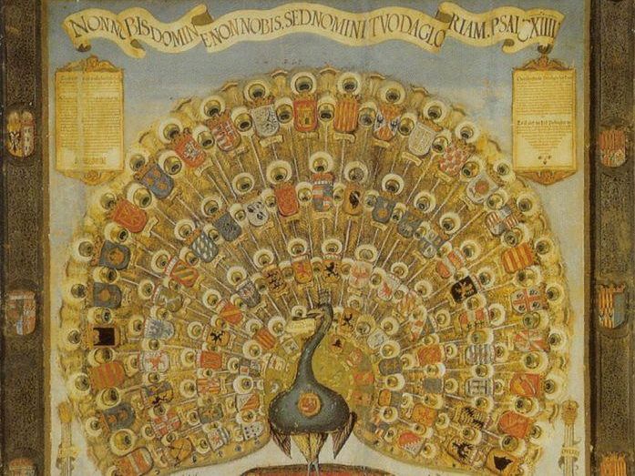 „Habsburger Pfau“ mit den Wappen der Herrschaften des Hauses Habsburg, Augsburg 1555