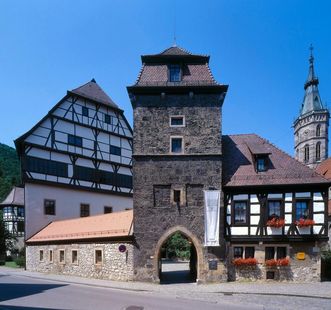 Exterior of Urach Palace with entrance gate