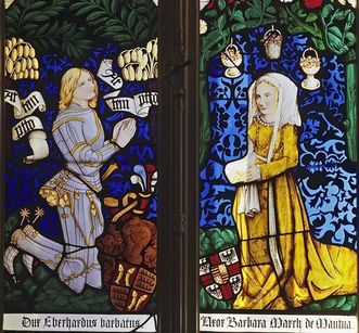 Stained glass window reproductions from the choir of the collegiate church in Tübingen, today in the palace church of the old palace in Stuttgart