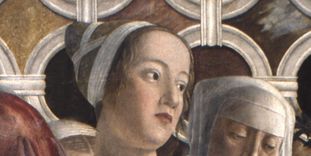 Porträt der Barbara Gonzaga in einem Wandbild von Andrea Mantegna.